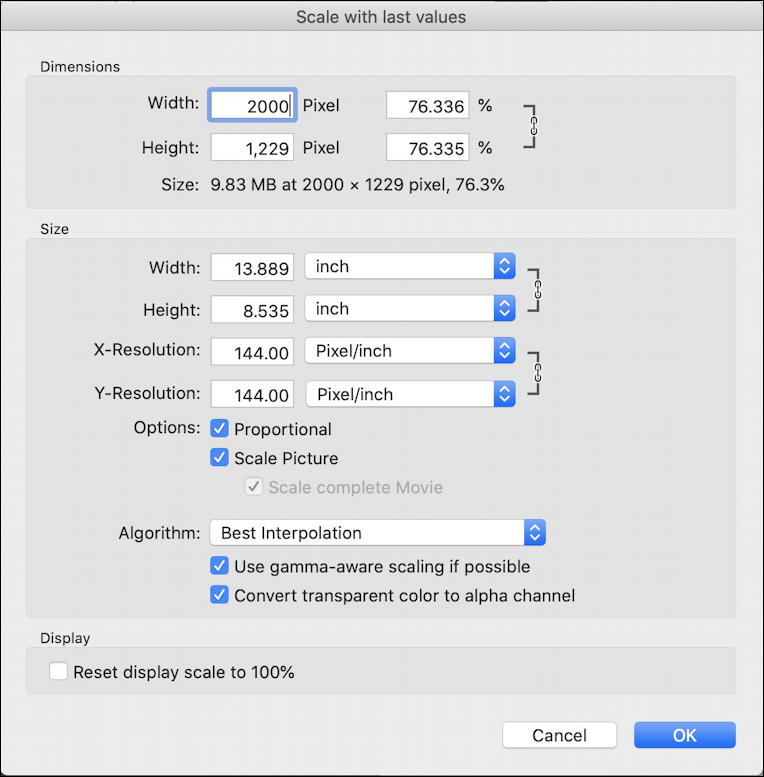 GraphicConverter scale image menu window