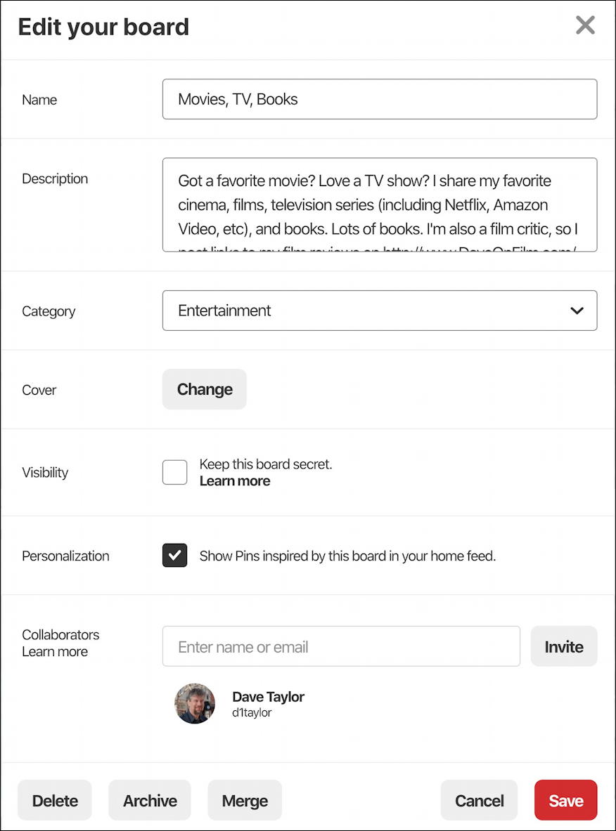 pinterest - edit pinboard board name description