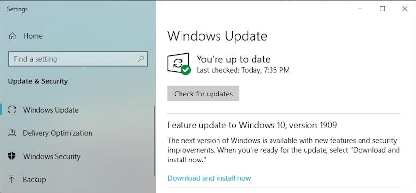 windows 10 1909 november 2019 update - check for updates