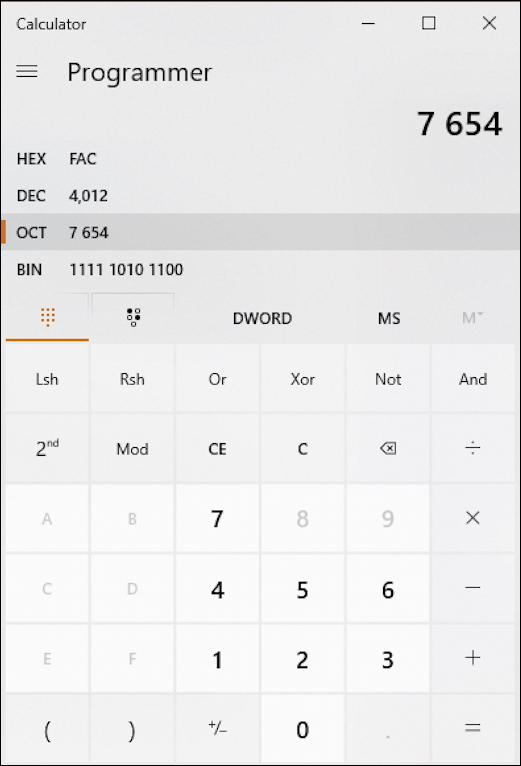 win10 calculator - programmer mode - base conversion