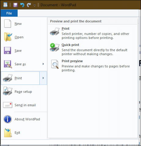 wordpad - win10 - file > print