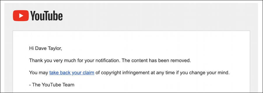 youtube copyright violation takedown video removed