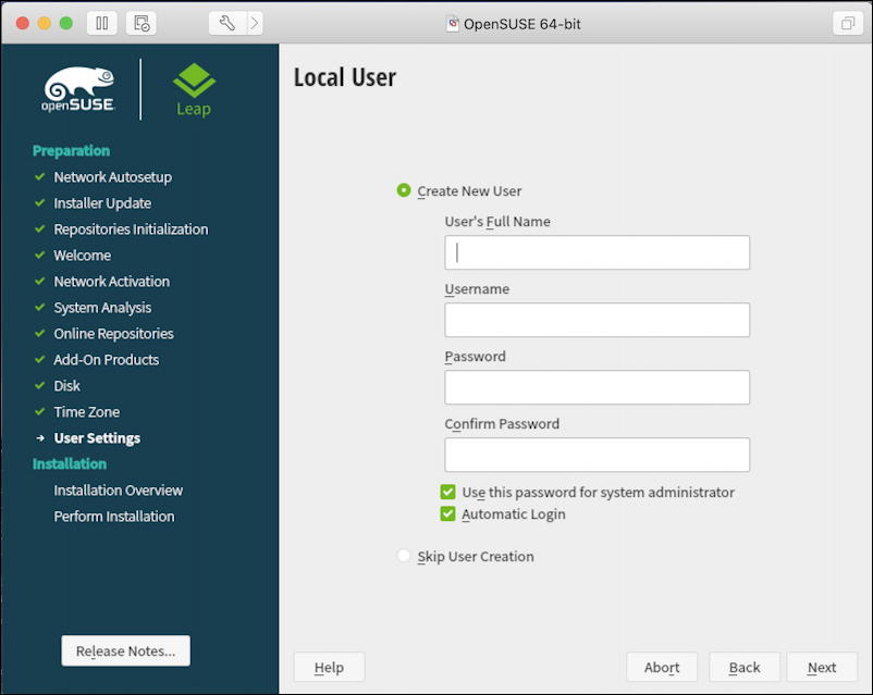 vmware fusion - opensuse linux install - create admin user account