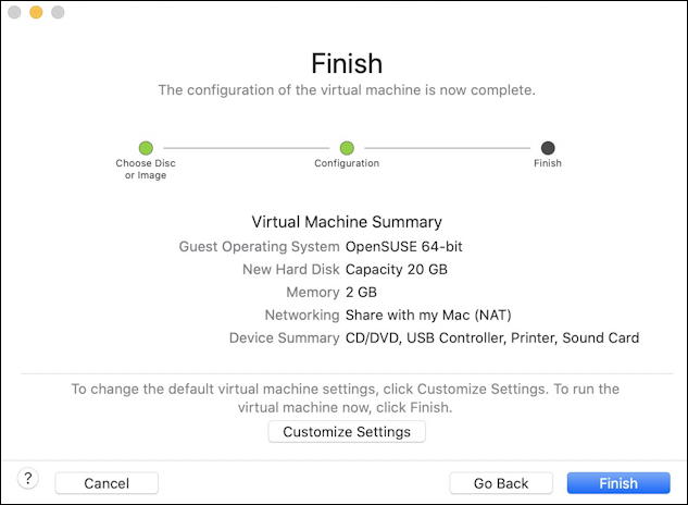 vmware fusion - opensuse install - ready to create vm