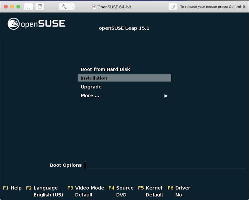 vmware fusion - opensuse install - install menu