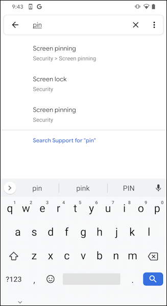 search for 'pin' in android settings