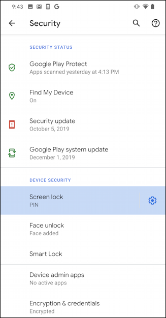 android 10 security settings - pin code