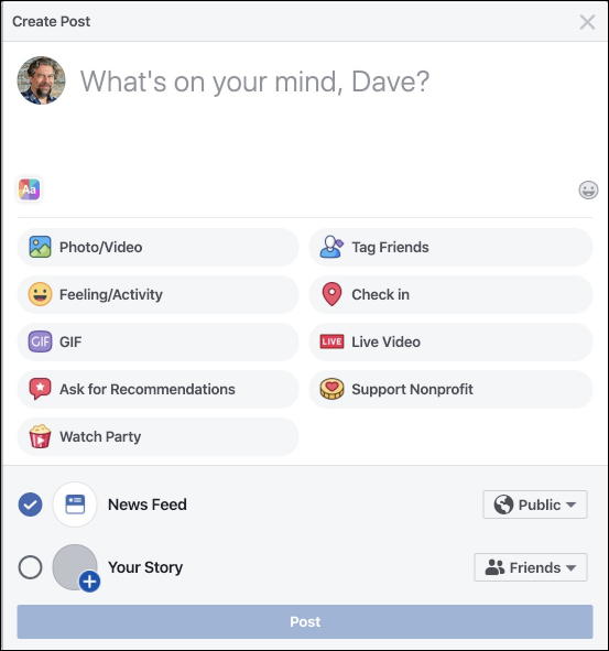 facebook status update box - personal feed