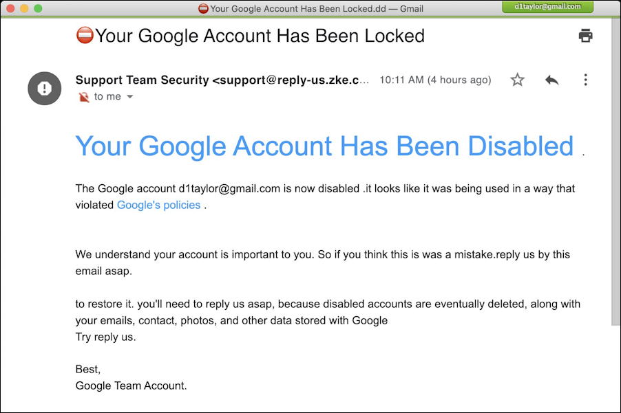 google account disabled locked spam phishing scam email