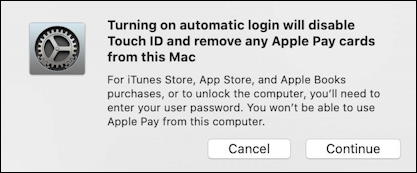 mac macos x - turning on automatic login - disable biometrics fingerprint - warning