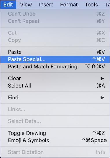 microsoft word - edit - paste special mac macos x