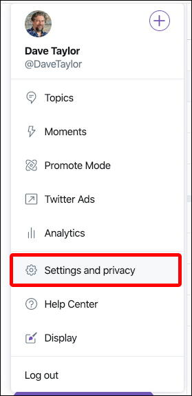 twitter more menu - settings