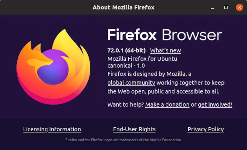 firefox for linux about update - version 72.0