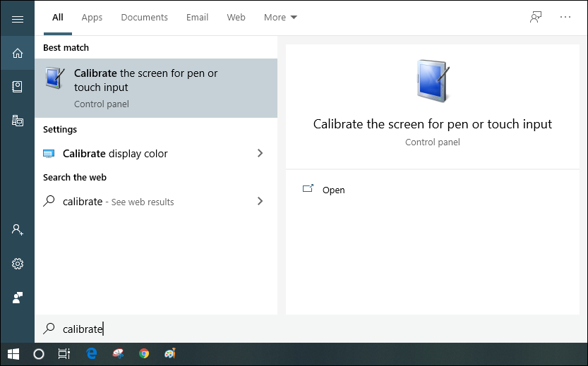 windows 10 - search for calibration