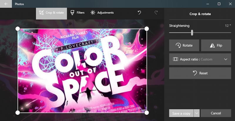 windows photos app - edit image - image rotated, skewed, cropped