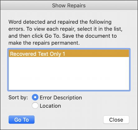 microsoft word mac - recover repair - repaired text only