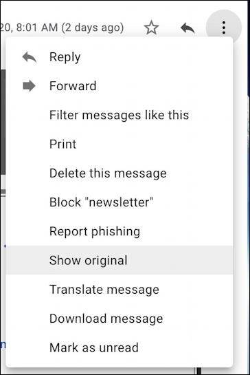 gmail - show original - email source view