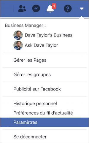 Facebook main menu - French