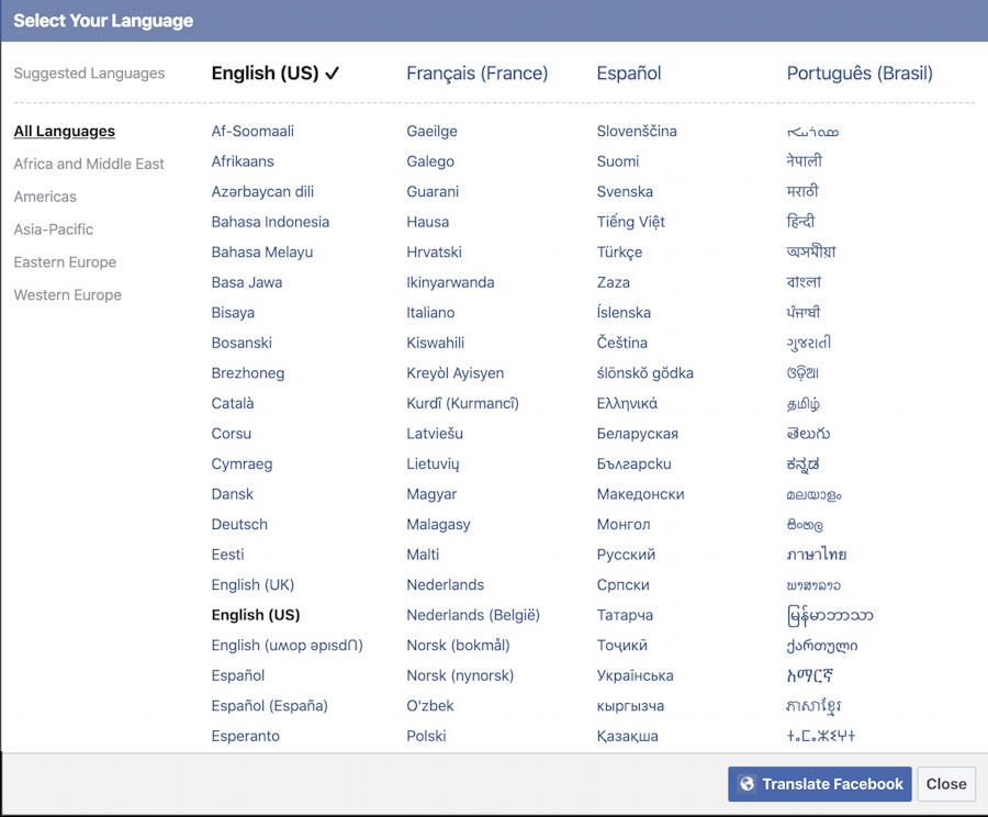 all languages available facebook translations user