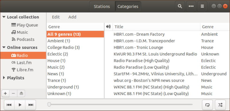 rhythmbox radio streaming list - linux 
