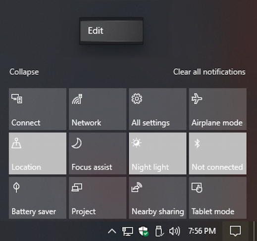 win10 notifications - quick action buttons - edit button