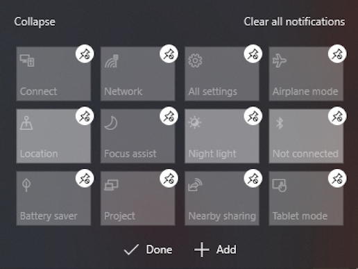 win10 notifications - quick action buttons - edit change update