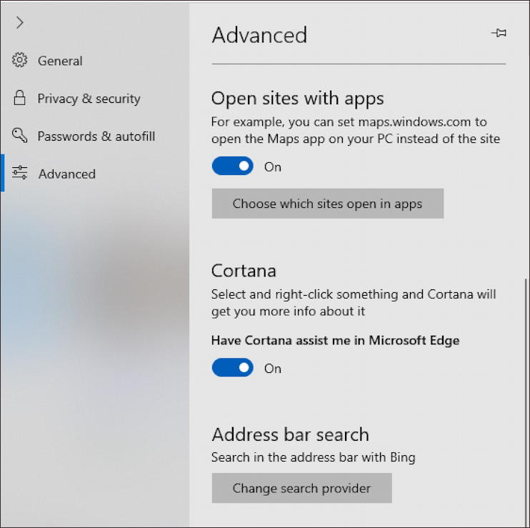 win10 microsoft edge default search engine - advanced settings