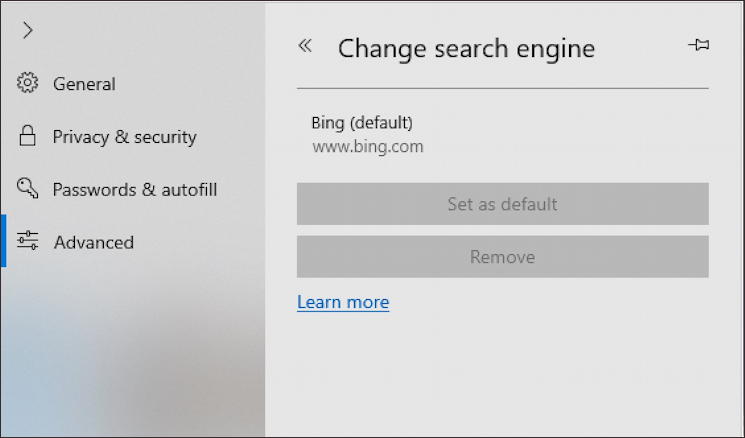 win10 microsoft edge default search engine - no options