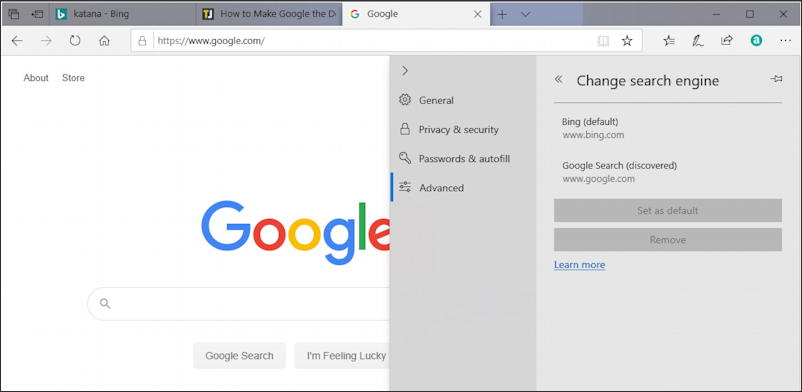 win10 microsoft edge default search engine - google search engine