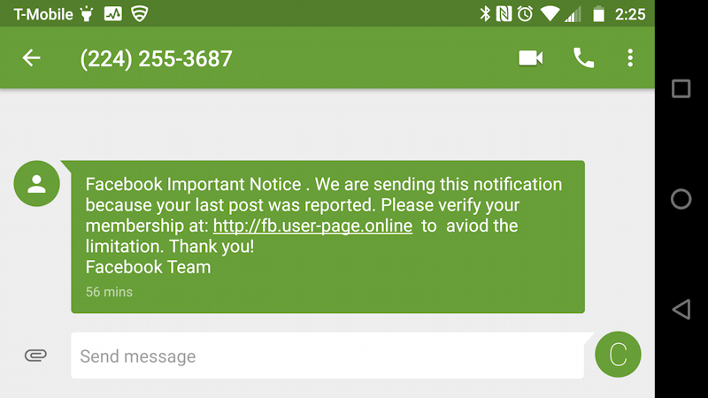 facebook phishing attack text message sms