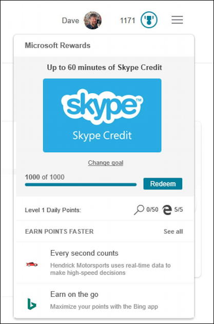 my microsoft rewards status - earning skype points