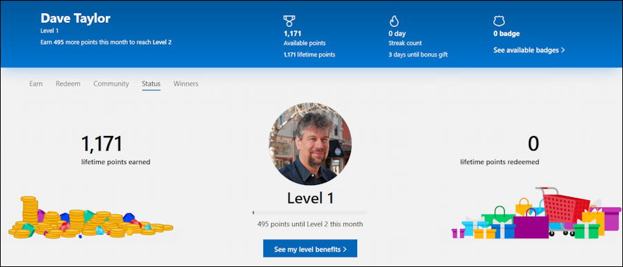 microsoft rewards - account status