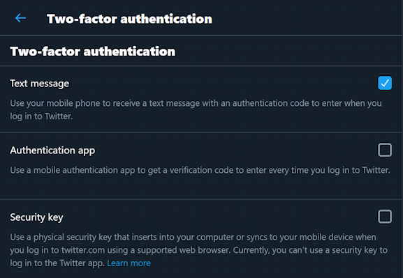 twitter account security settings 2fa two factor phone sms security key