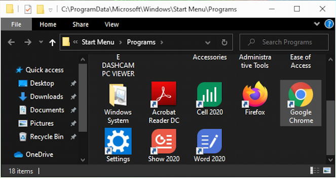 win10 start menu shortcuts in file manager