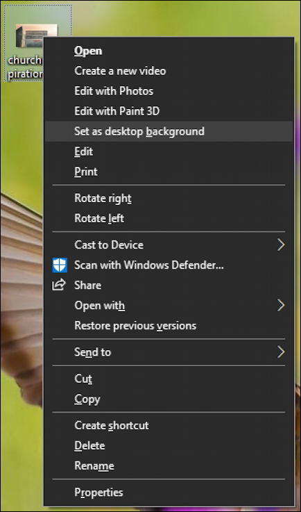 windows 10 file explorer menu - set image as desktop wallpaper