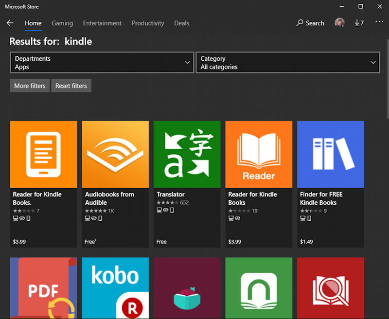 microsoft windows app program store - search for kindle
