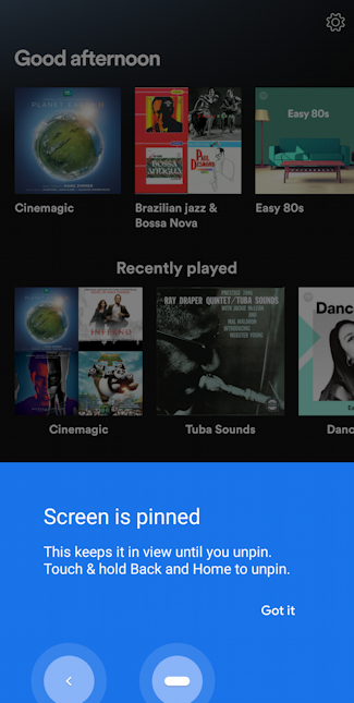 spotify on android - screen pinning pinned to device