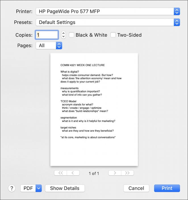 apple pages print dialog - 2 sided