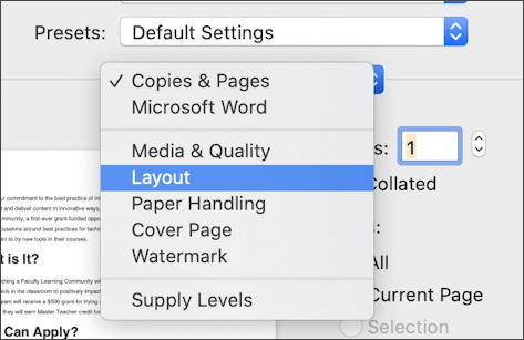 microsoft windows for mac - printing - layout options