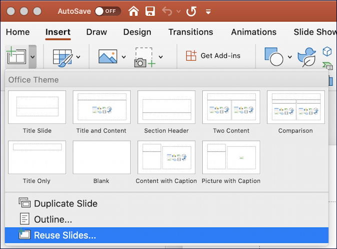 merge powerpoint pptx decks - insert menu new slide