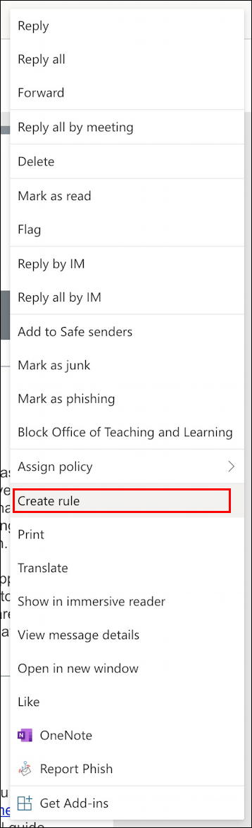 office online - outlook email - options menu
