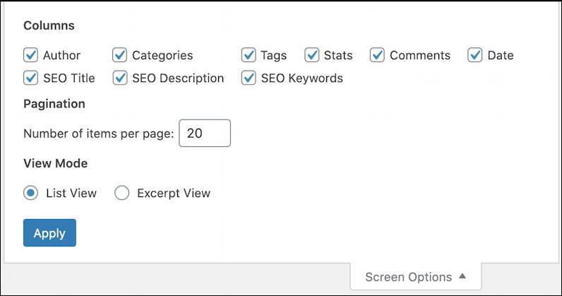 wordpress all posts view - screen options - settings preferences