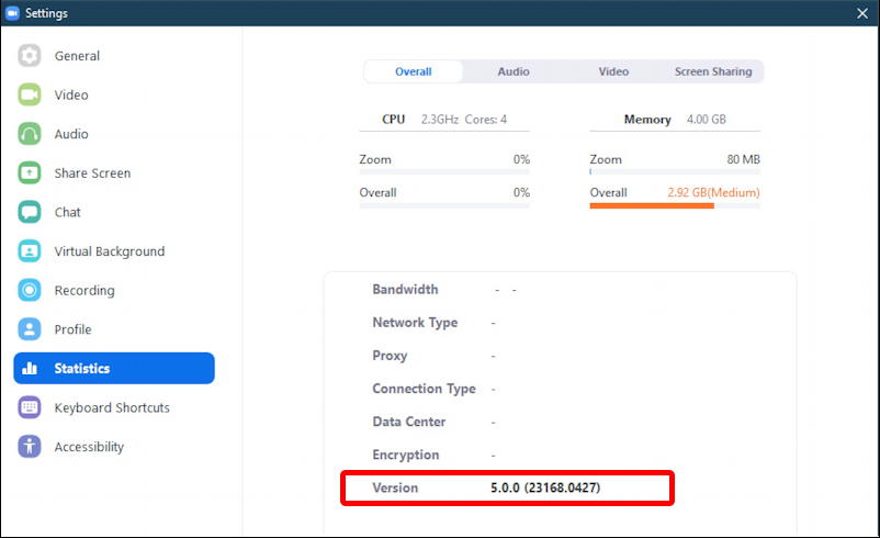 zoom windows pc - check version - settings statistics