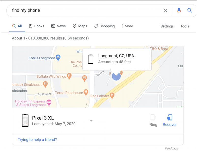 google search - find my phone - android pixel