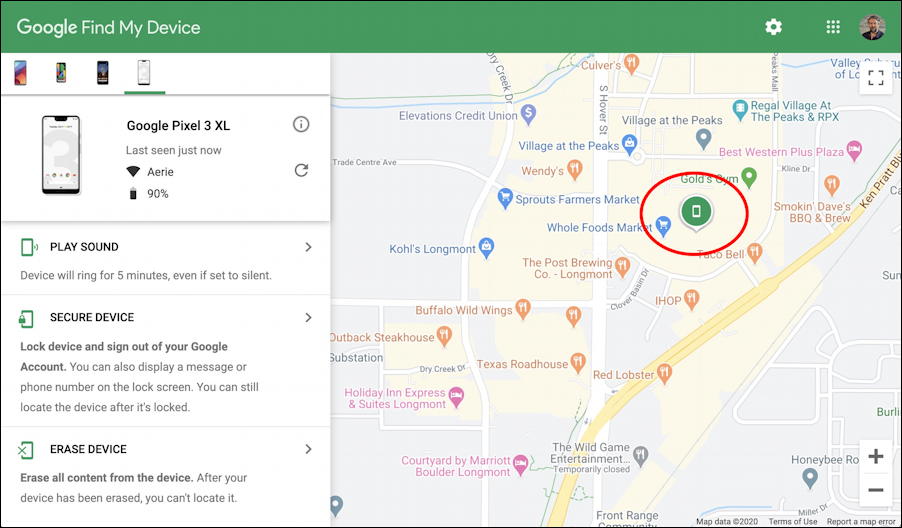 google android - find my phone - main page with map