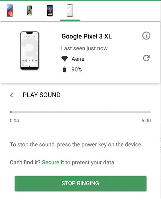 google android - find my phone - play sound