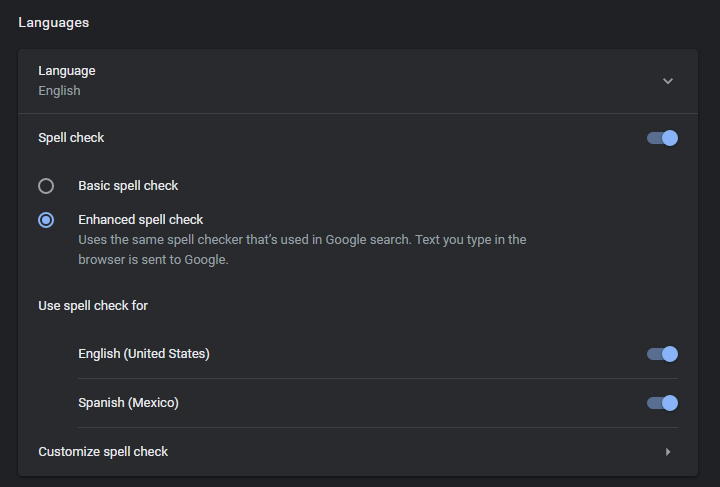 google chrome for windows - spelling settings preferences dictionary