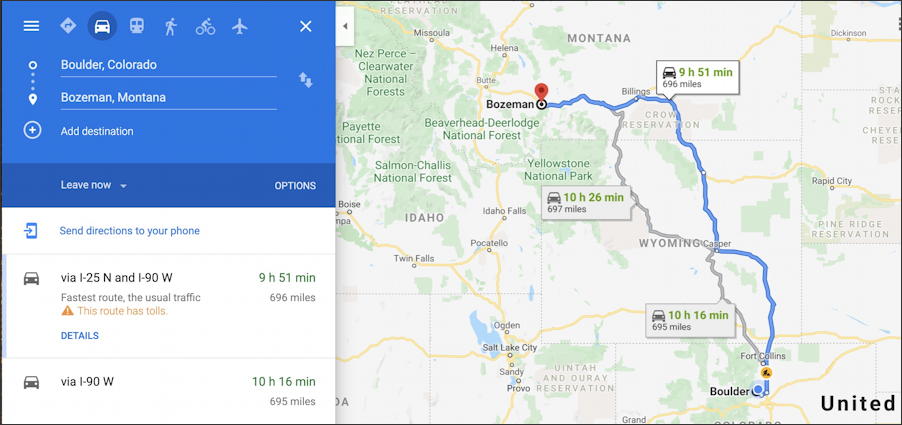 google maps - boulder to bozeman