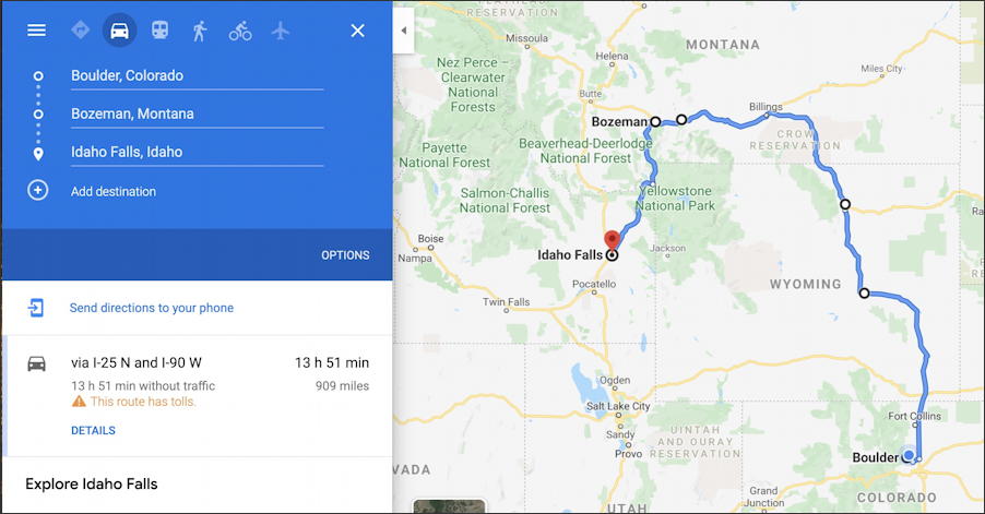google maps - adding third waypoint detour bozeman boulder idaho springs