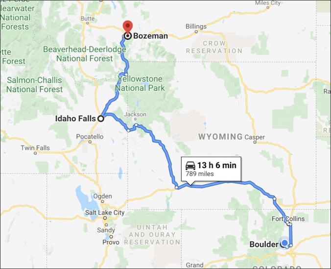 google maps - boulder to idaho falls to bozeman